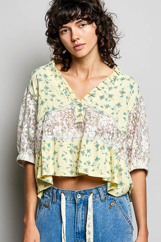 Women wearing a yellow floral and lace design top.