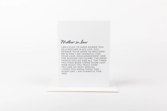 Greeting card with heartfelt message to 'Mother-in-law' on a white background