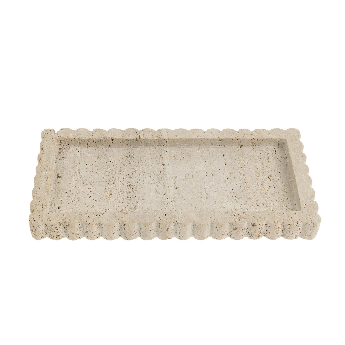 Rectangular stone tray with scalloped edge on a white background