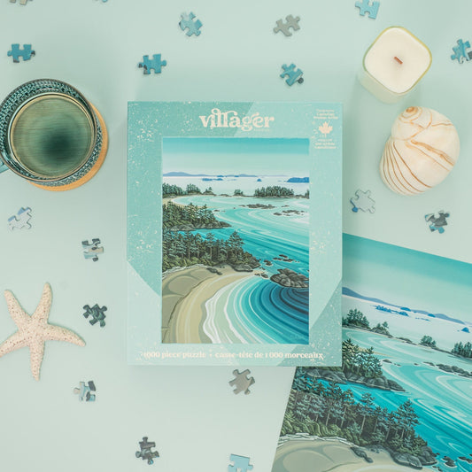 Village-themed product with a scenic design on a light blue background with puzzle pieces.