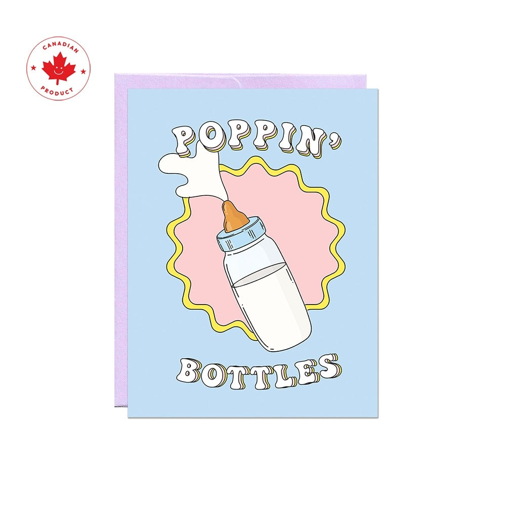 Card with a baby bottle illustration and 'Poppin' Bottles' text on a light blue background.