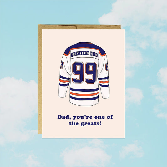 Card with hockey jersey design and text on a sky background