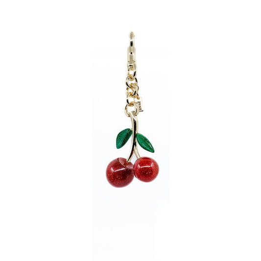 Cherry-shaped keychain with gold chain on a white background