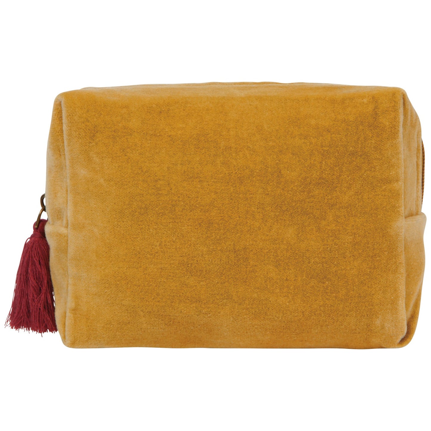 Mustard yellow pouch with a red tassel on a white background