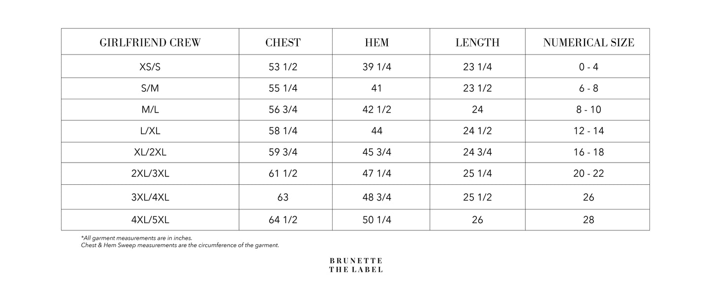 Size chart for 'Girlfriend Crew' clothing by Brunette the Label