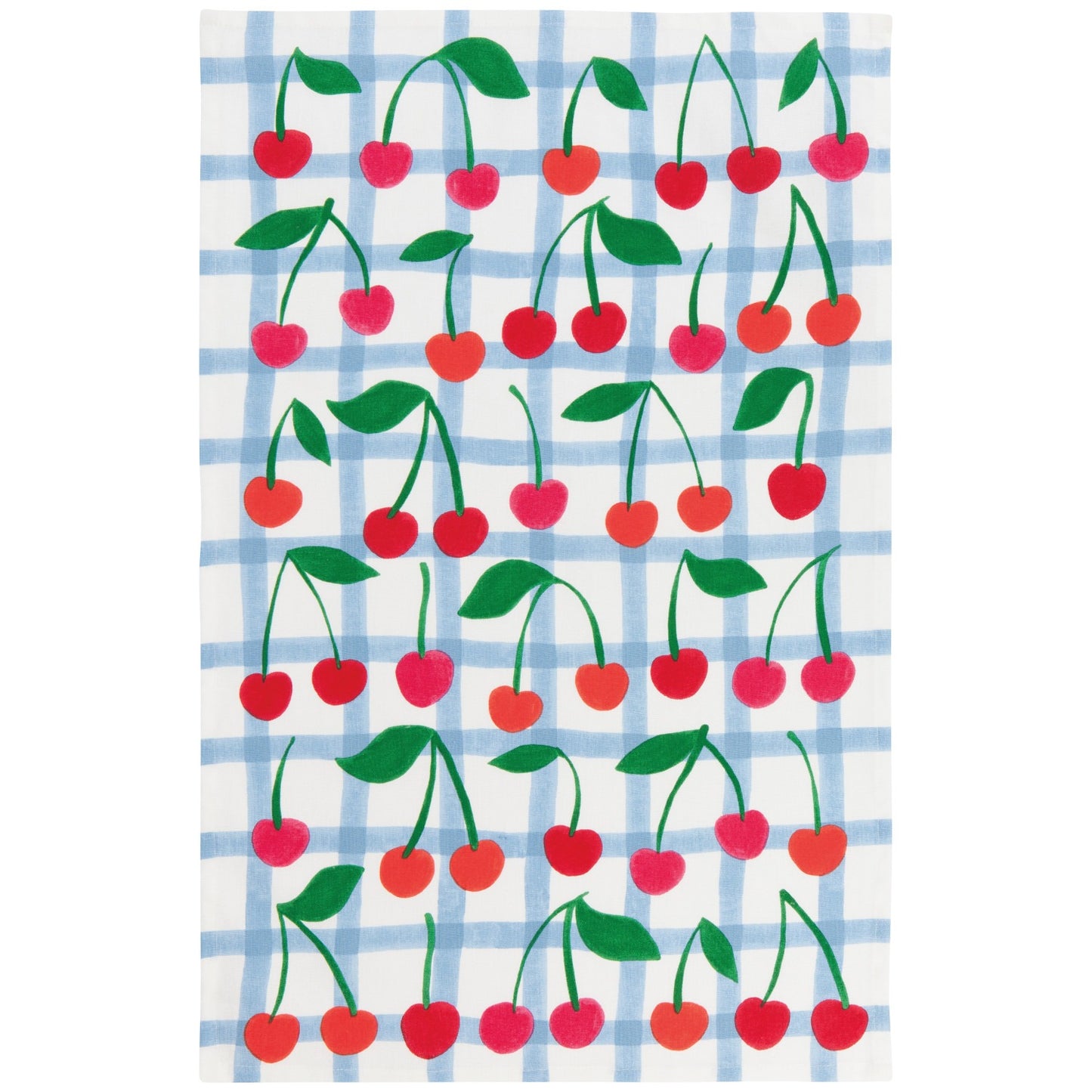 Towel with cherry pattern on a blue and white checkered background