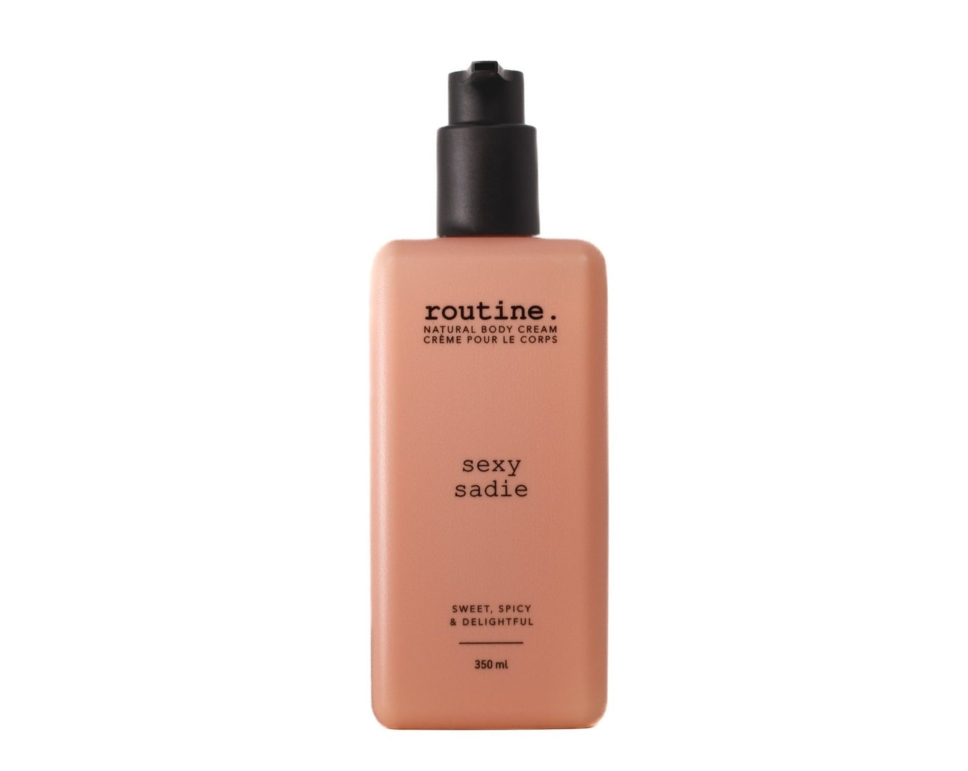 Body cream bottle labeled 'sexy sadie' by 'routine.' on a white background