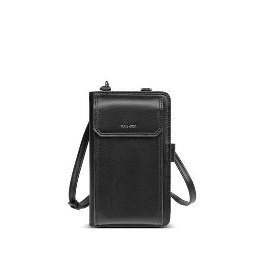 Black crossbody bag with a visible brand logo on a white background