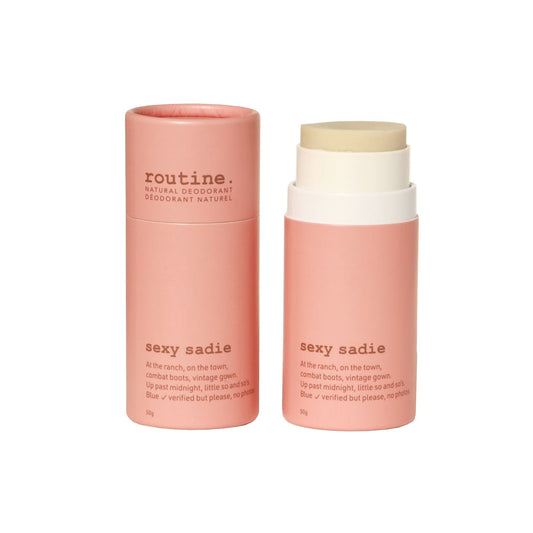 Pink deodorant container labeled 'routine.' with 'sexy sadie' description on a white background