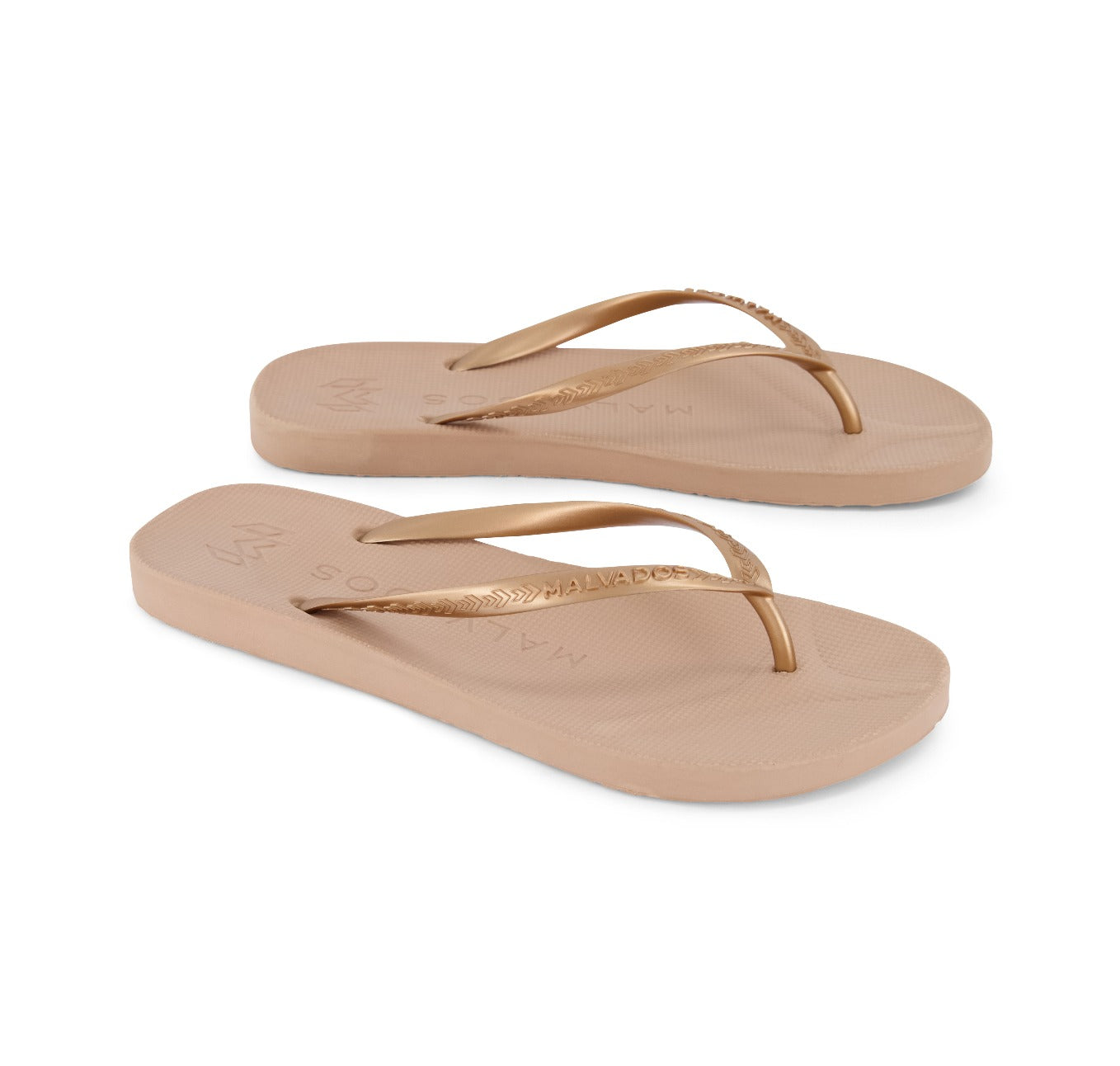 Pair of beige flip-flops on a white background