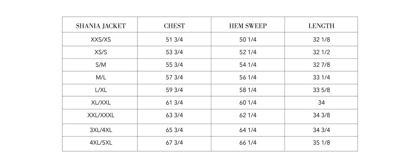 Measurement chart for Shania jacket sizes with chest, hem sweep, and length dimensions.