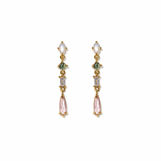 Pair of gold earrings with pink and green gemstones on a white background