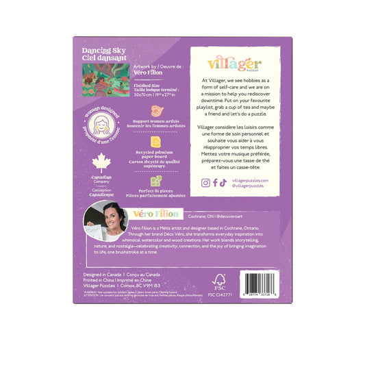 Villager puzzle packaging with purple border and white background