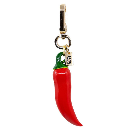 Red chili pepper keychain with a gold clasp on a white background