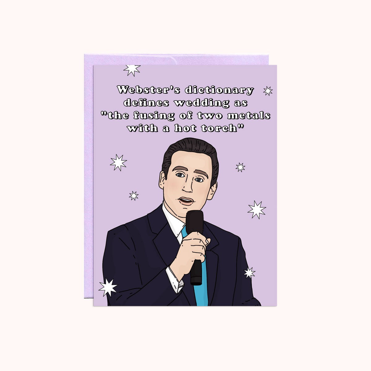 Card with a cartoon character man on it holding a microphone on a purple background with stars, with white text.