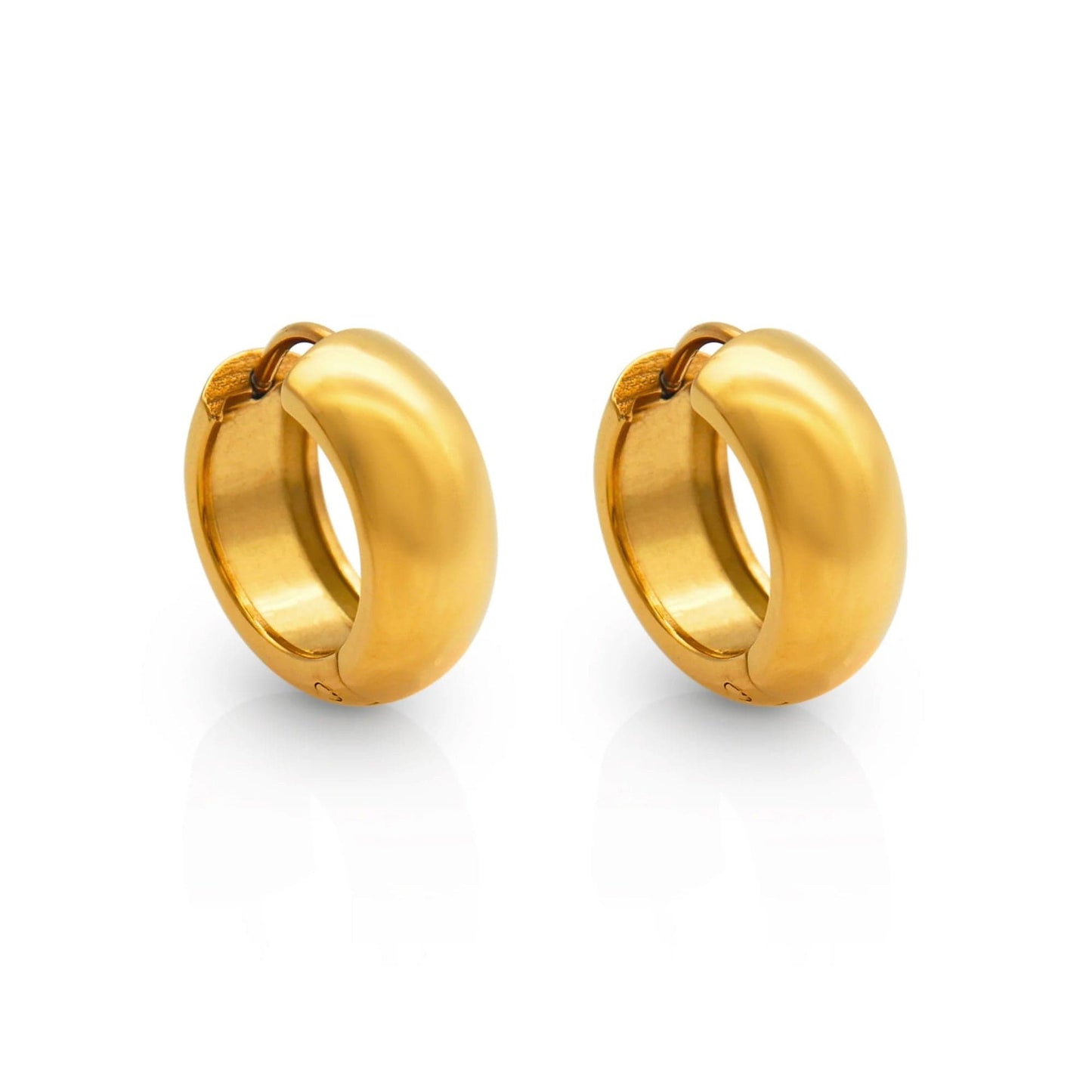 close up on round gold hoop earrings