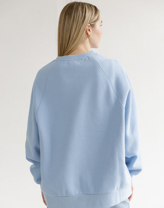 person wearing a blue sweatshirt against a plain background.