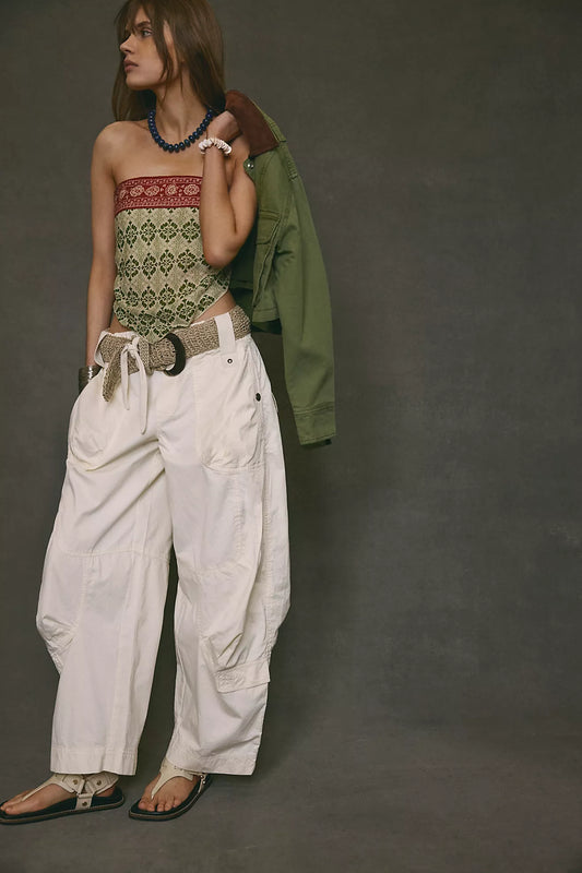 women wearing wide leg white cargo pants