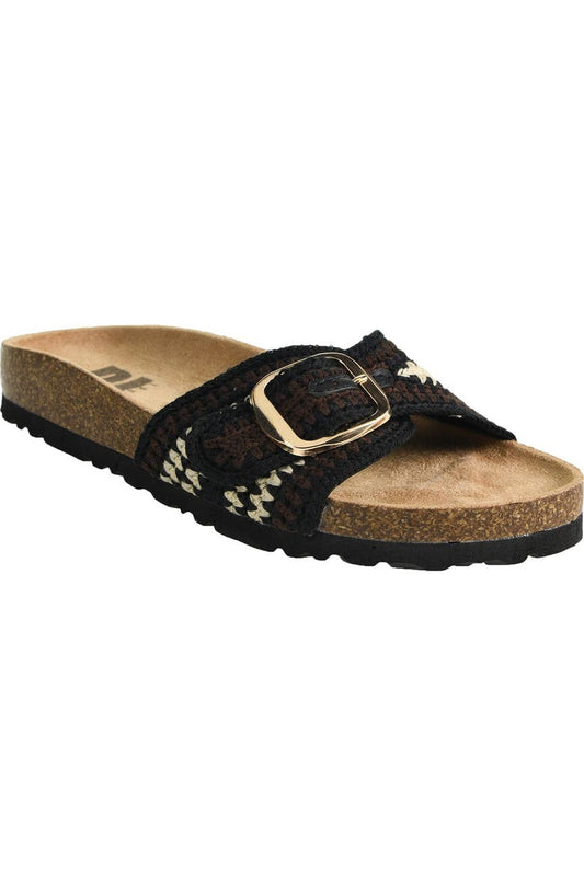 Black sandal with a gold buckle on a white background