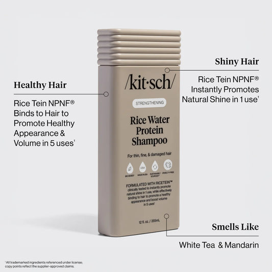 Kit-sch Rice Water Protein Shampoo bottle with text highlighting benefits on a white background