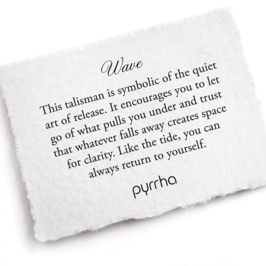 White talisman with black text and 'pyrrha' branding on a white background