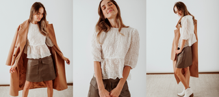 three photos of the same women in a white blouse and brown mini skirt and a white lace blouse