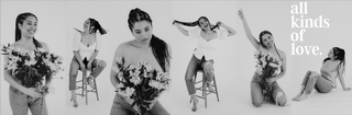 a greyscale banner of a women holding flowers and celebrating self love
