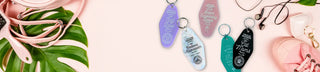 a flat lay of funny keychains