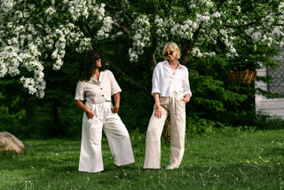 women wearing a matching linen set in a garden
