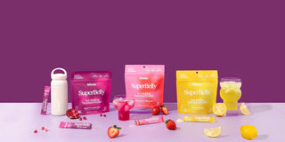 SuperBelly in 3 flavours on a purple background