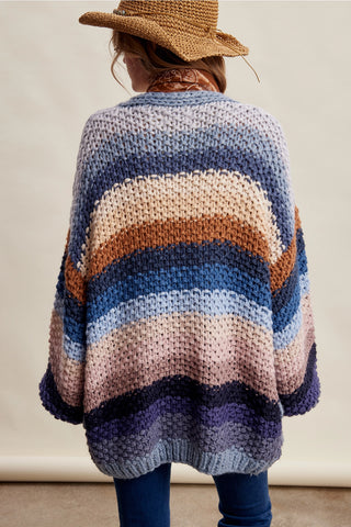 Women wearing a striped chunky knit cardigan 