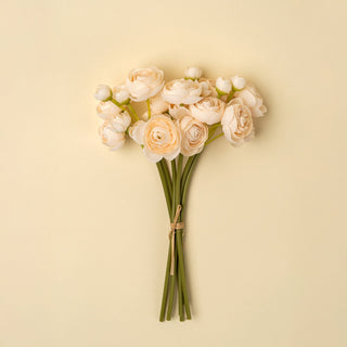 Bouquet of beige flowers tied with twine on a light yellow background