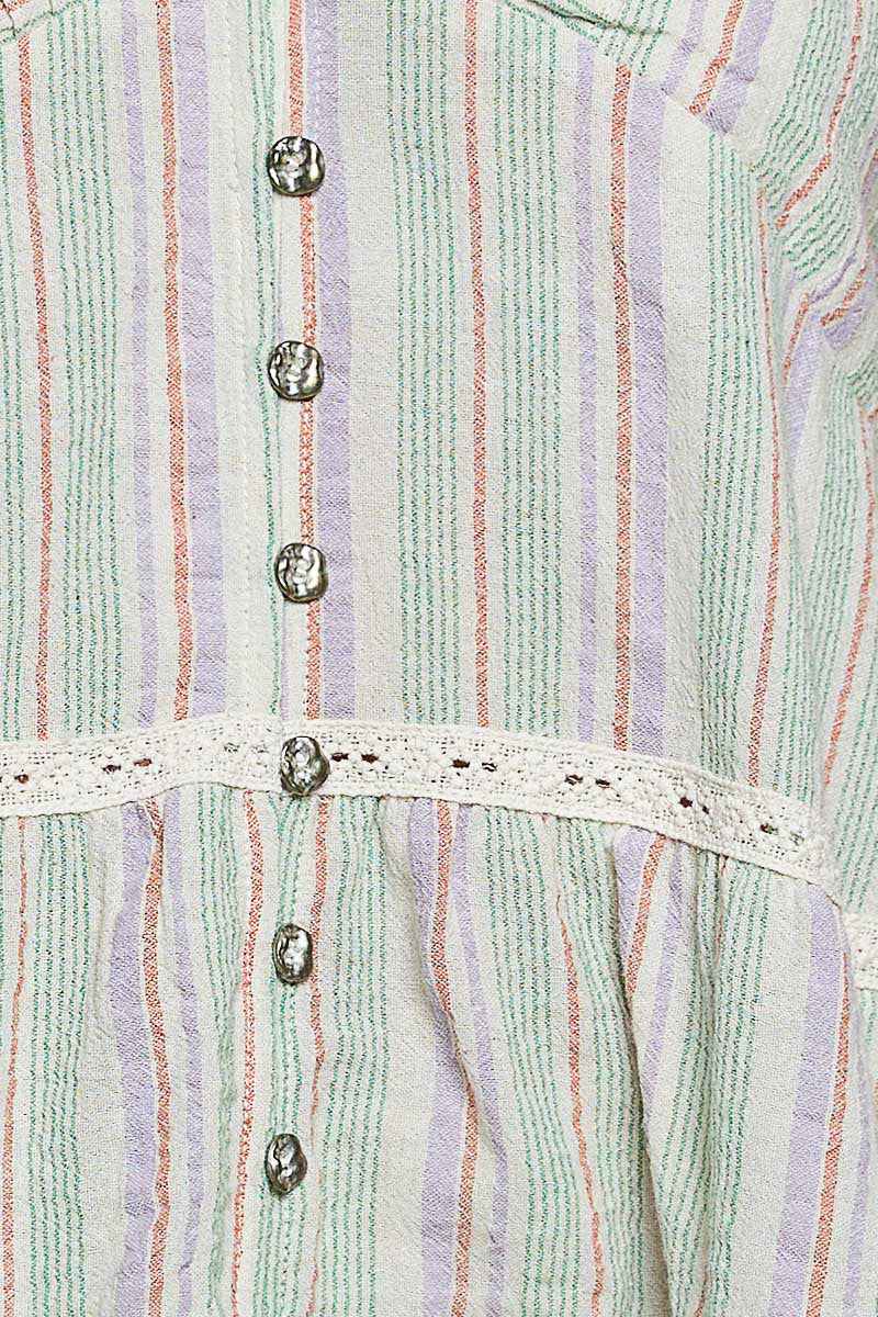 Close-up of a striped garment with buttons and lace trim.
