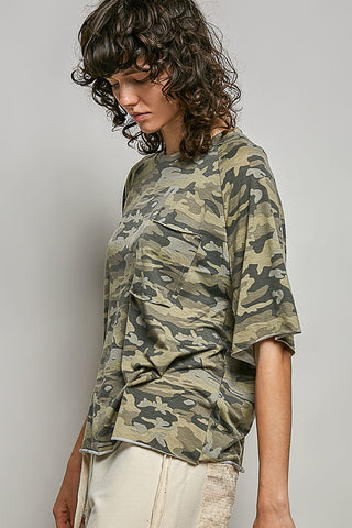 Person wearing a camouflage shirt against a plain background