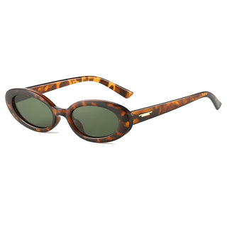 Tortoise oval sunglasses with a gold logo on a white background