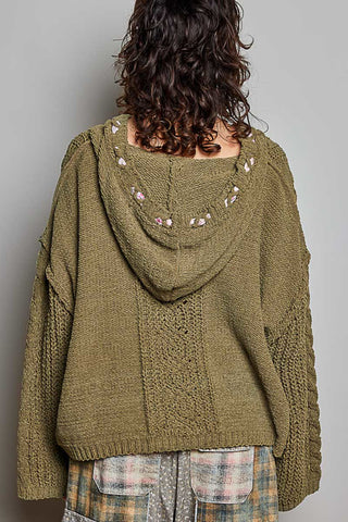 A person viewed from the back wearing a chunky olive green knit hooded sweater with decorative embroidered details around the neckline, paired with plaid pants against a plain gray background.