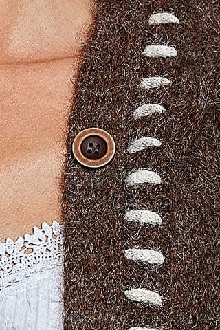 Close-up of a brown fuzzy cardigan worn by a model, featuring white yarn stitched along the edge and a brown button closure.