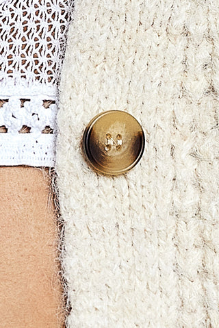 Close-up of a cream-colored chunky knit fabric with a round gold button, next to a white lace trim and a tan leather edge.