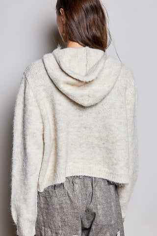 A person shown from the back wearing a fuzzy, textured cream-colored cropped hoodie and gray pants against a plain light gray background.