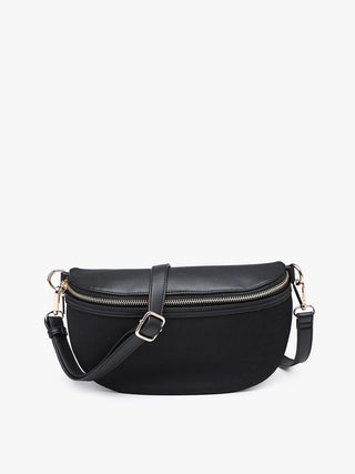 A black crescent-shaped shoulder bag with a top zipper, adjustable strap, and gold-tone hardware, shown against a plain white background.