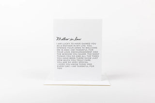 Greeting card with heartfelt message to 'Mother-in-law' on a white background