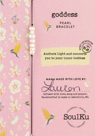 A pink and yellow floral-patterned packaging with the text 'goddess PEARL BRACELET' and brand name 'SoulKu' displayed.