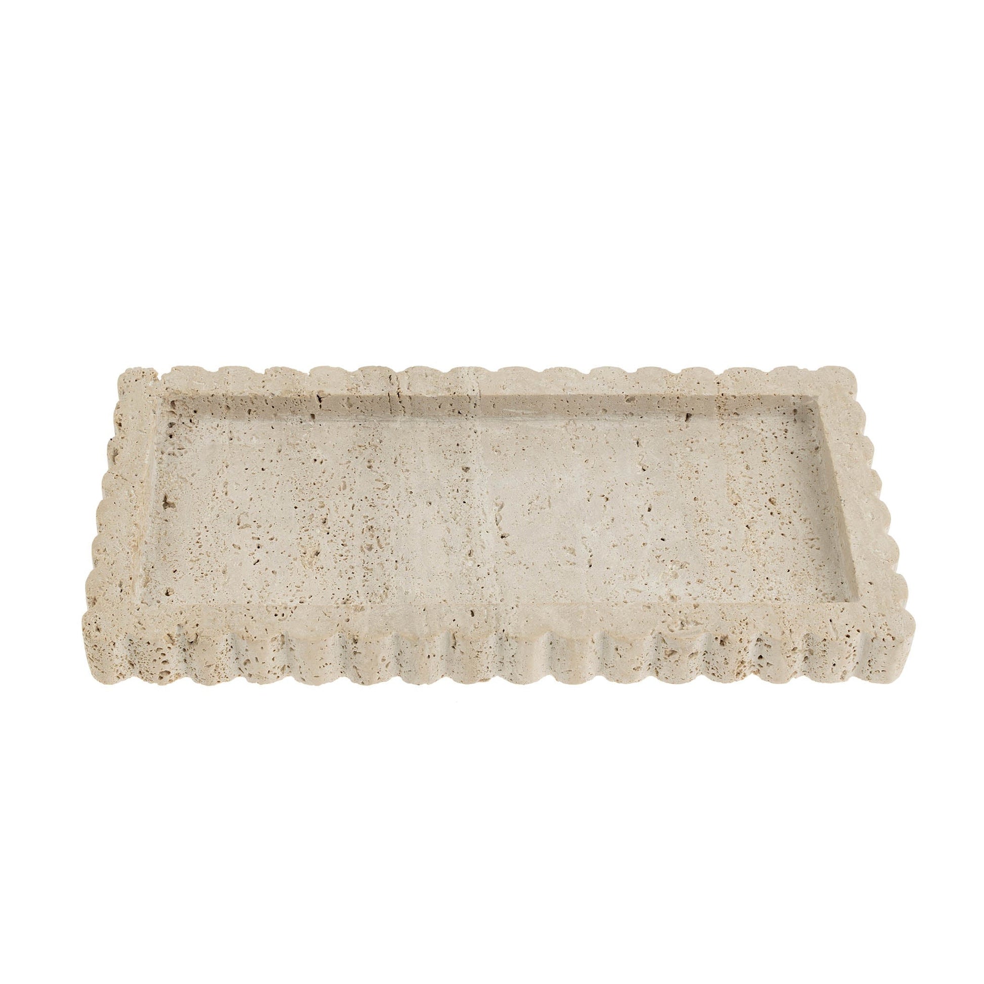 Rectangular stone tray with scalloped edge on a white background