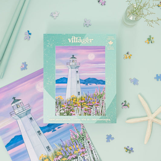 Villager puzzle box with lighthouse design on a light blue background