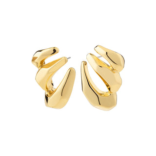 A pair of abstract, organic-shaped gold hoop earrings with a polished finish, displayed on a clean white background.