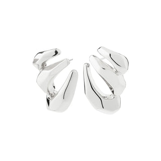 Pair of silver hoop earrings on a white background