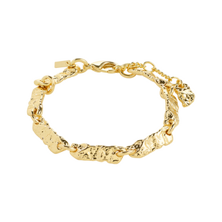 Gold bracelet with textured links on a white background