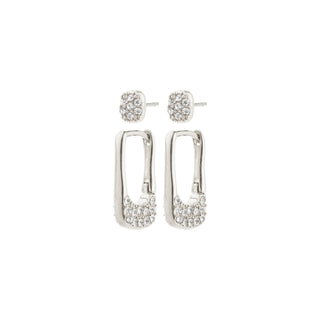 Pair of silver hoop earrings with clear gemstones on a white background