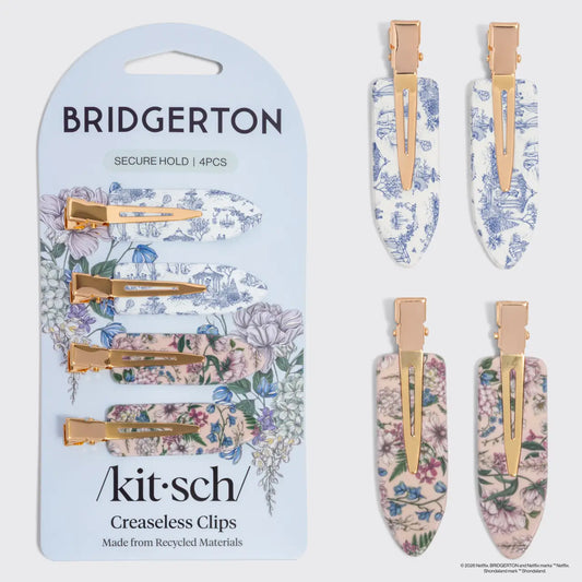 Set of floral hair clips with packaging labeled 'Bridgerton' and 'kitsch'.