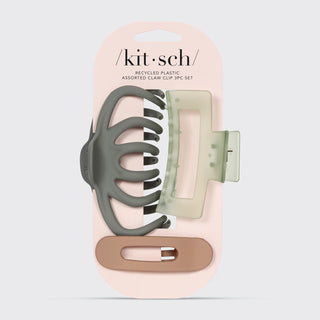 Set of three claw clips on a 'kitsch' branded card against a light gray background
